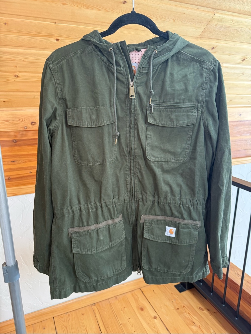 Carhartt Olive Green Jacket with Pink Lining and Orange Logo